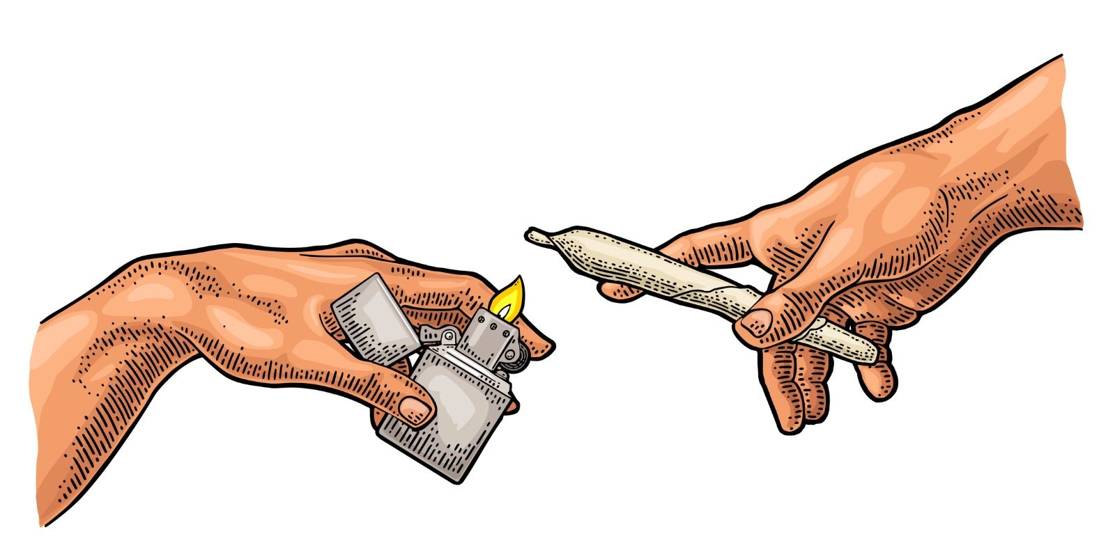 Illustration de deux mains. Celle de gauche tient un briquet zippo ouvert avec une flamme. Celle de droite tient un joint roulé qu'elle penche au dessus du briquet pour l'allumer.